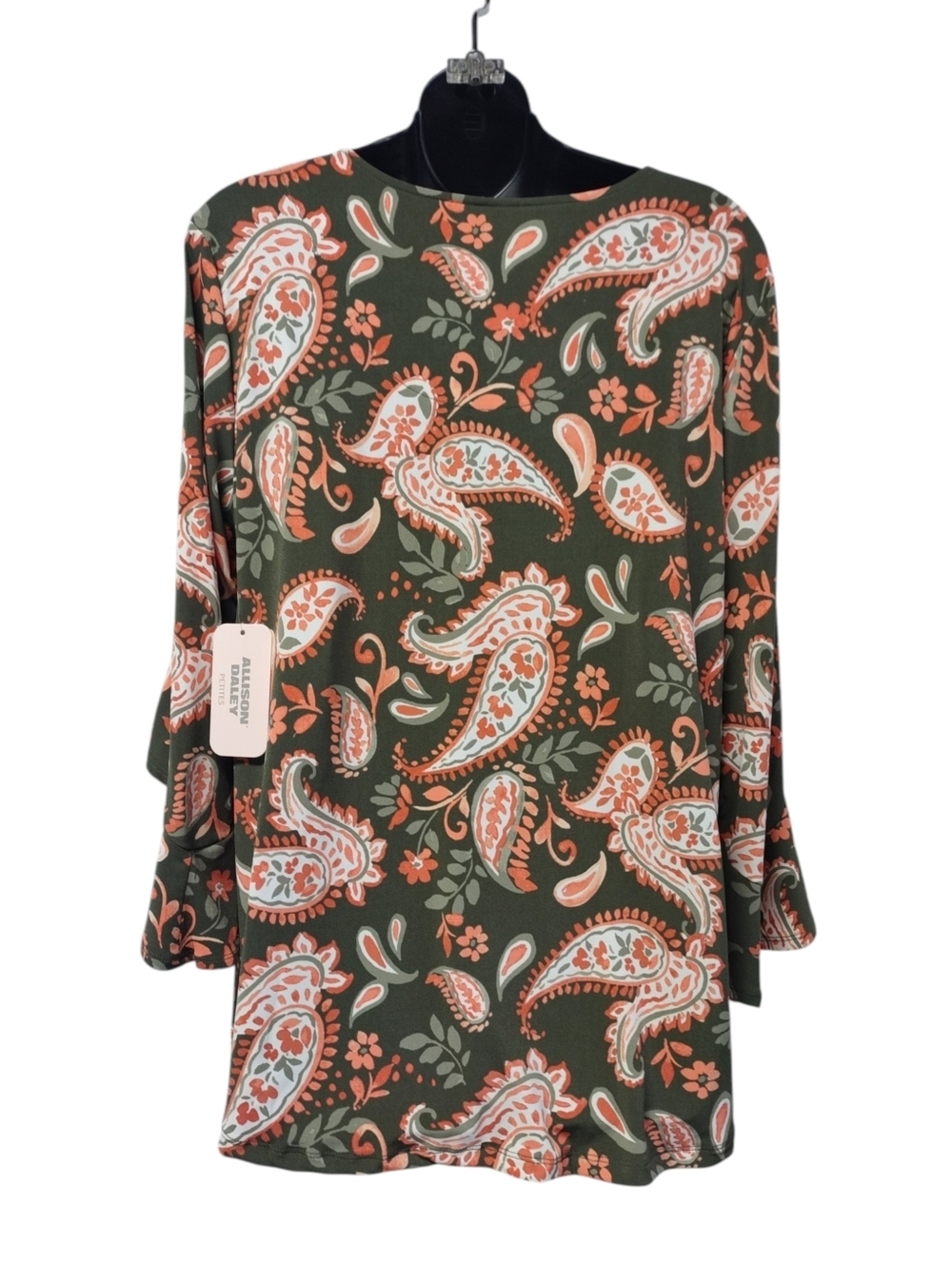 NWT Allison Daley Petites PM Green Orange Paisley V-Neck Ruffle Sleeve Blouse - Picture 2 of 8